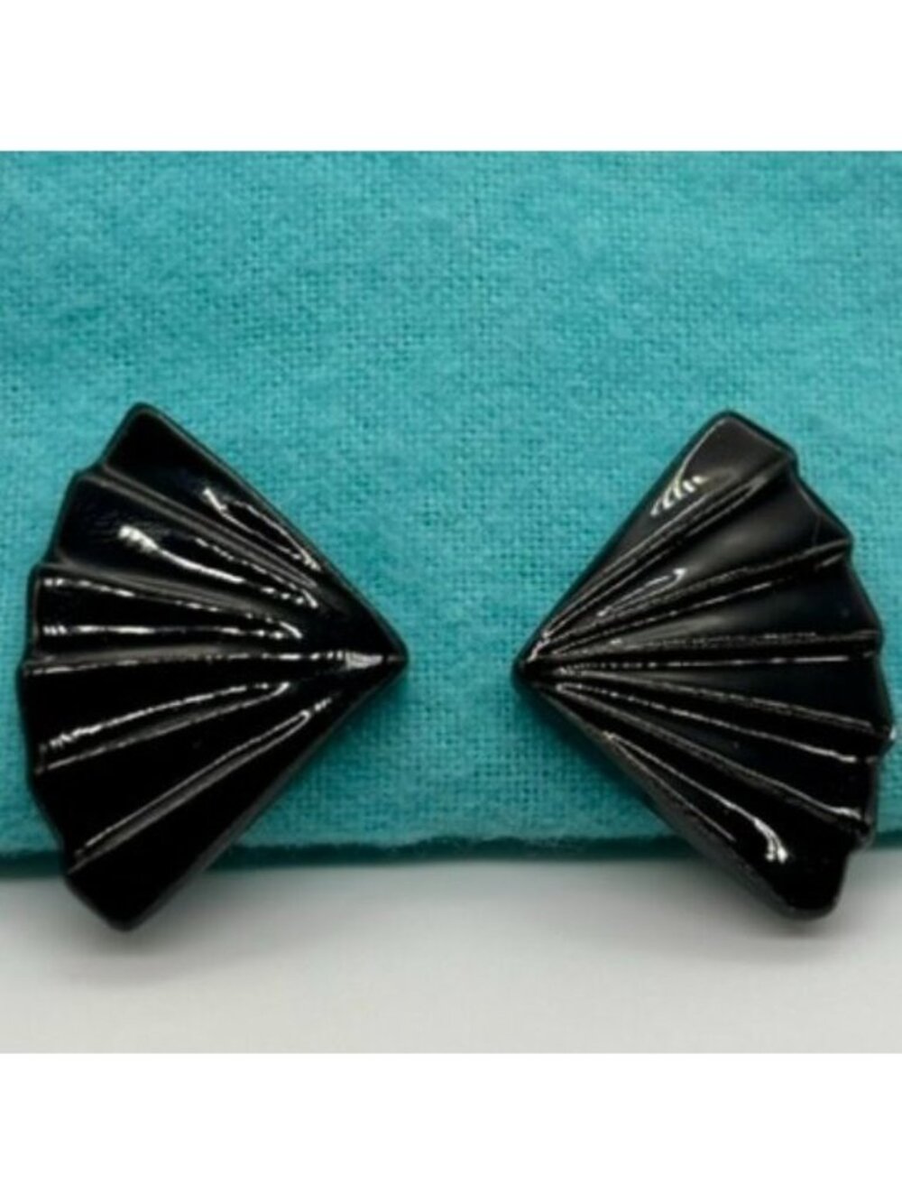 Vintage Lucite Plastic Earrings Similar to Bakelite Black Fan Shape, Screw-Backs